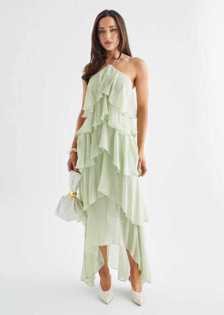 Robe maxi femme avec superposition élégante et volants floraux Chic & Stil
