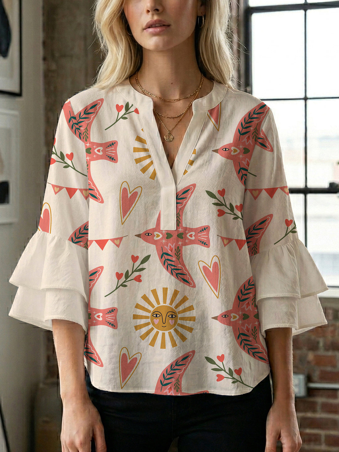 Women's blouse with ruffle details and eye-catching animal print Lune London