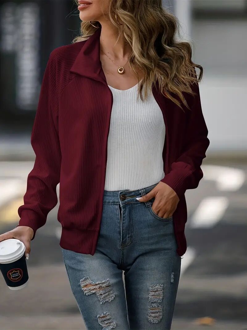 Sporty zip jacket for women with ribbed structure and elegant high collar Lune London