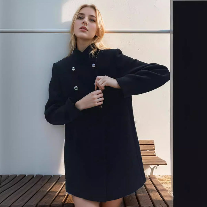 Fashionable short coat for women with double-breasted buttons and elegant high collar Lune London