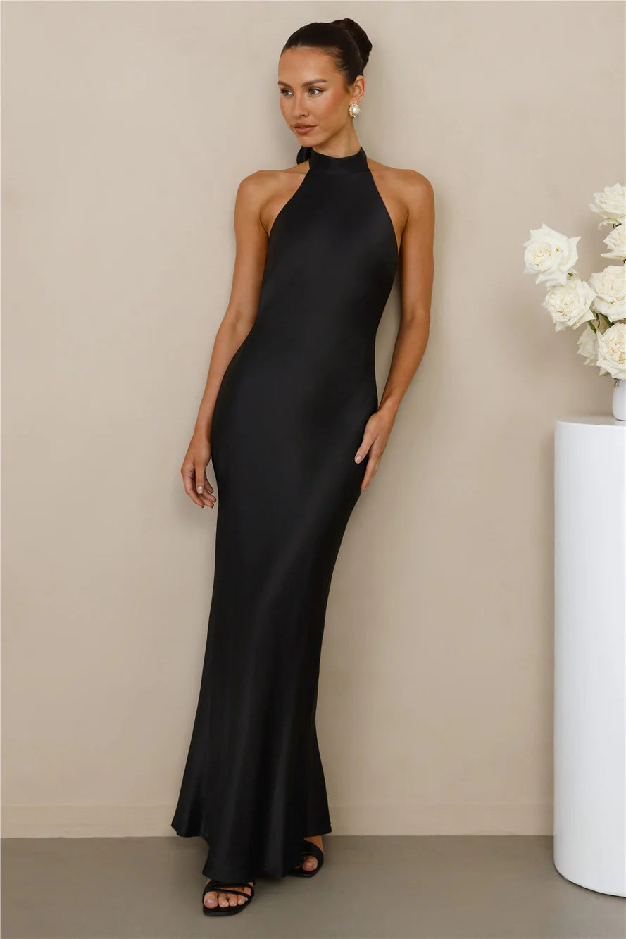 Ladies Elegant Maxi Dress with High Neck Design and Shimmering Satin Finish Lune London