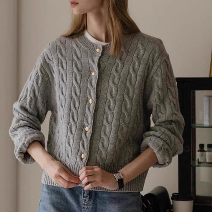 Knitted jacket for women with cable pattern and elegant button details Lune London