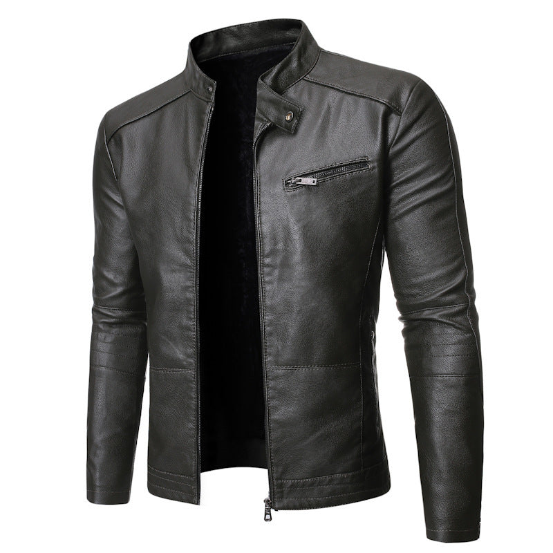 Stylish leather jacket for men with a high collar and practical zippered pockets Lune London