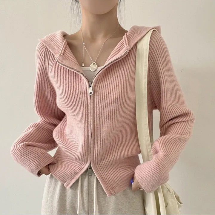 Ladies casual knit jacket with hood and zipper Lune London