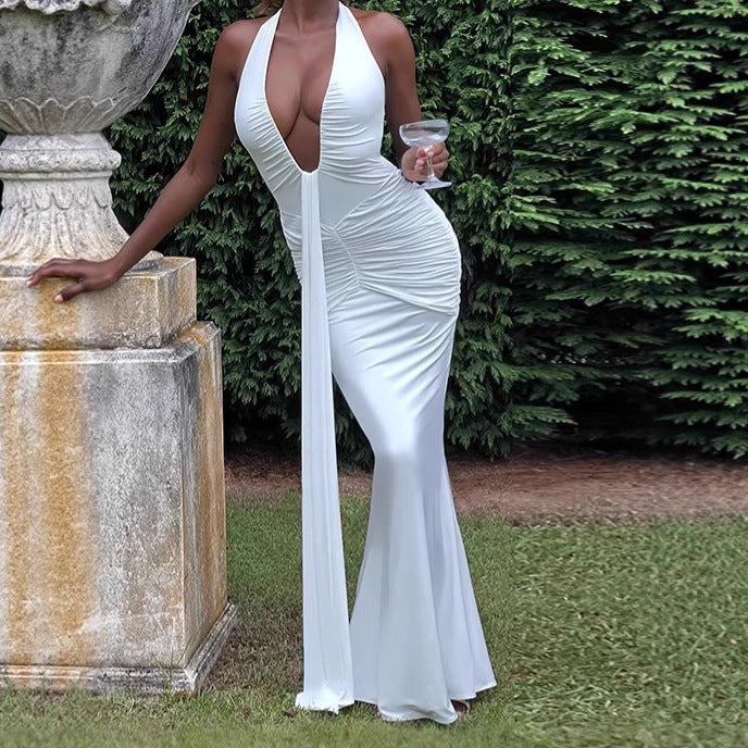 Woman Elegant Maxi Dress with Deep V Neckline and Chic Ruching