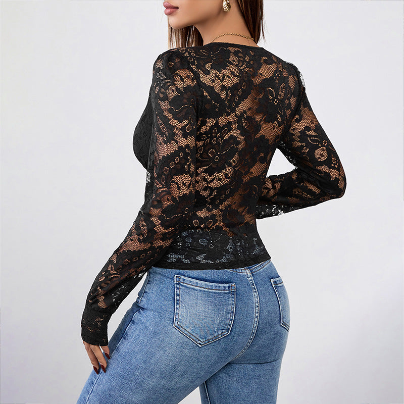 Women's long sleeve top with V lace design Lune London
