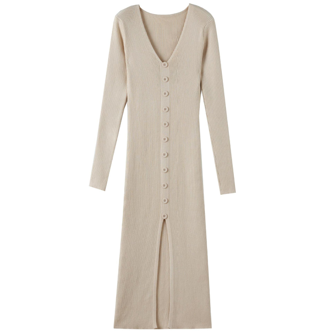 Knit dress for women with deep V-neck and continuous button placket Lune London