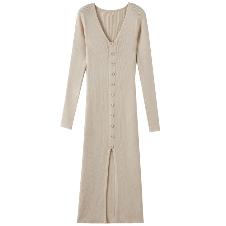 Knit dress for women with deep V-neck and continuous button placket Lune London