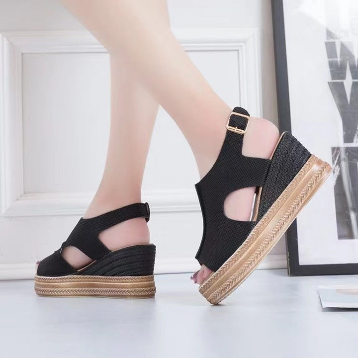 Elegant and comfortable wedge sandals for women with an open heel and adjustable strap Lune London