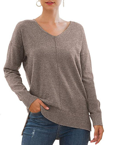 Elegant women's sweater with V-neck and asymmetrical hem Lune London