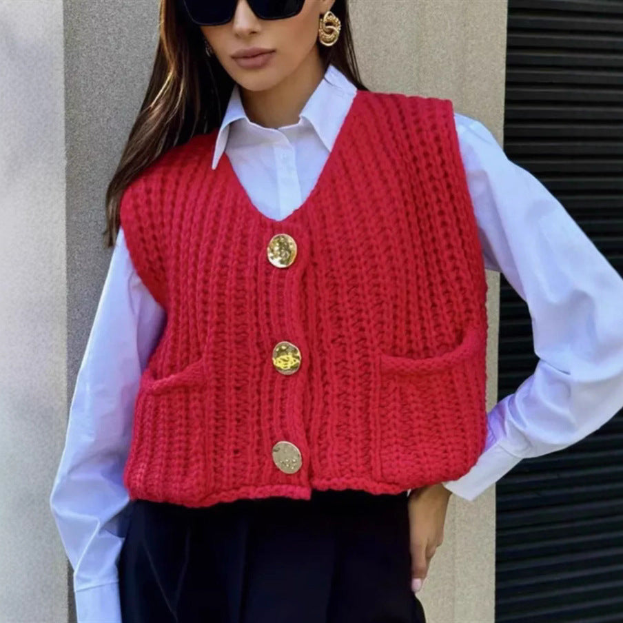 Knitted ladies' vest with golden buttons and pockets Lune London