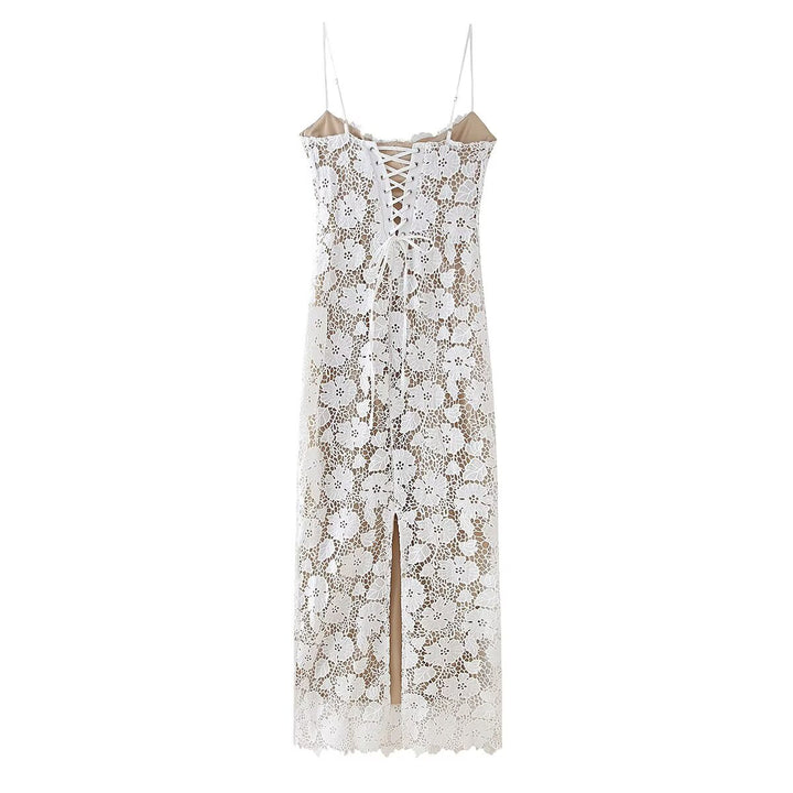 Lace dress for women with delicate spaghetti straps and a floral design Lune London