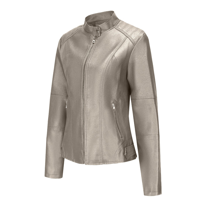 Biker leather jacket for women with asymmetric zipper and modern stand collar Lune London