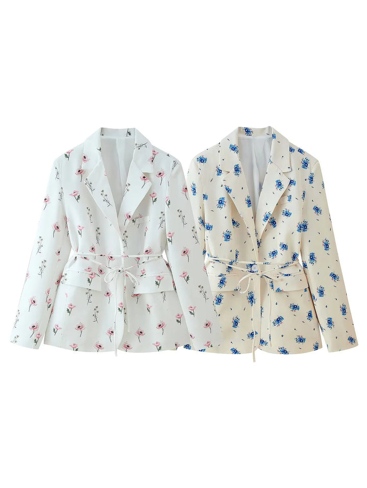 Fitted blazer for women with floral pattern and tie belt Lune London