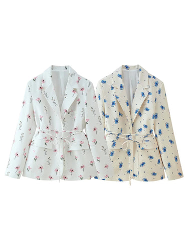 Fitted blazer for women with floral pattern and tie belt Lune London