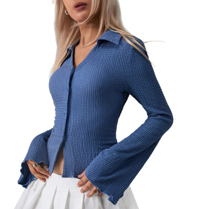 Ladies Elegant Long Sleeve T-shirt with Velvety Texture and Bell Sleeves Lune London