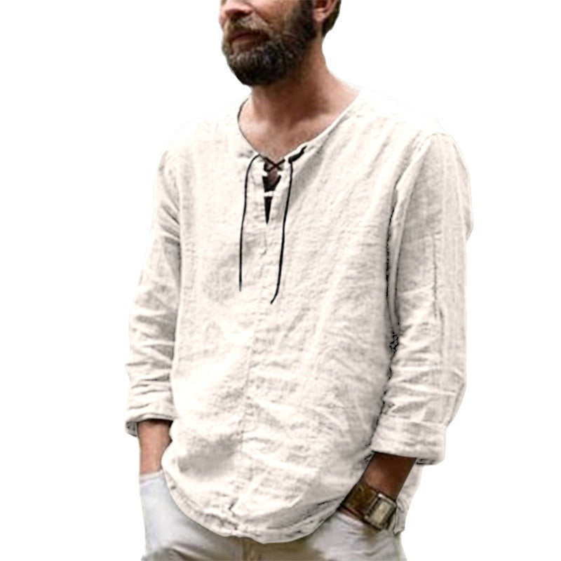 Men's Casual Linen Shirt with Decorative Lace-Up Closure Lune London
