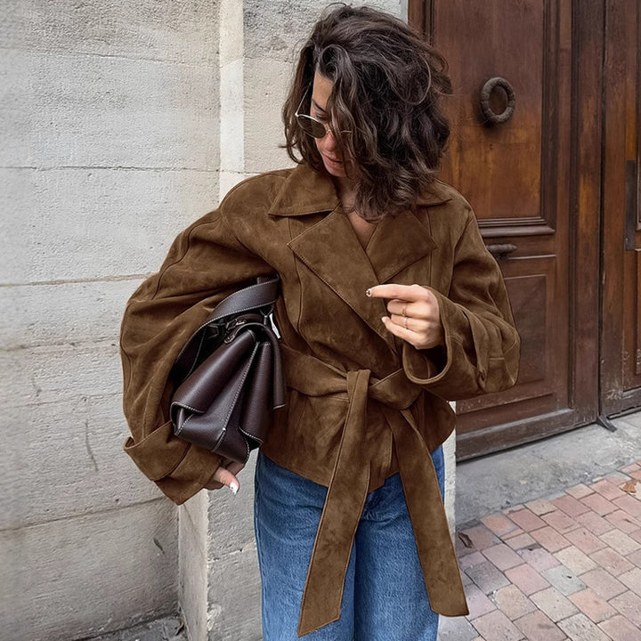 Suede leather trench coat for women with tie belt and wide lapels Lune London