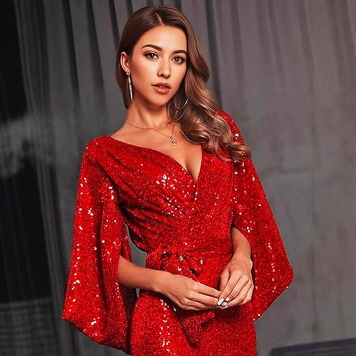 Women's Glamorous Sequin Evening Dress with Deep V-Neck and Flowing Skirt Lune London