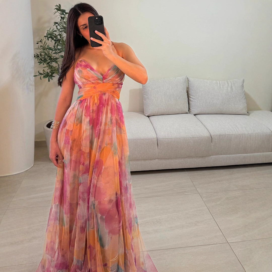 Airy maxi dress for women with colorful floral pattern and side cutout Chic & Stil