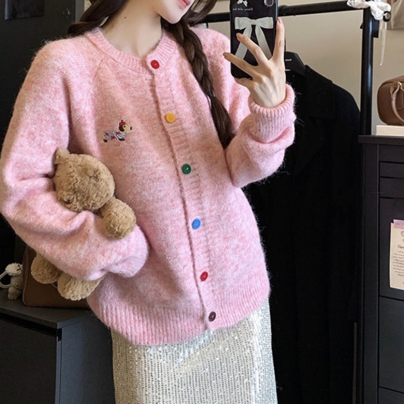 Knitted jacket for women with colored buttons and an embroidered pattern Lune London