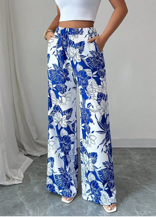 Pantalons palazzo taille haute pour femmes avec motif floral et poches latérales Chic & Stil