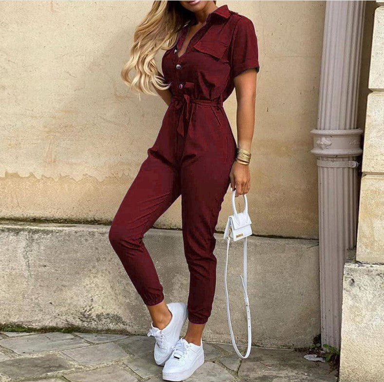 Women Practical jumpsuit with elegant collar and belt at the waist Lune London