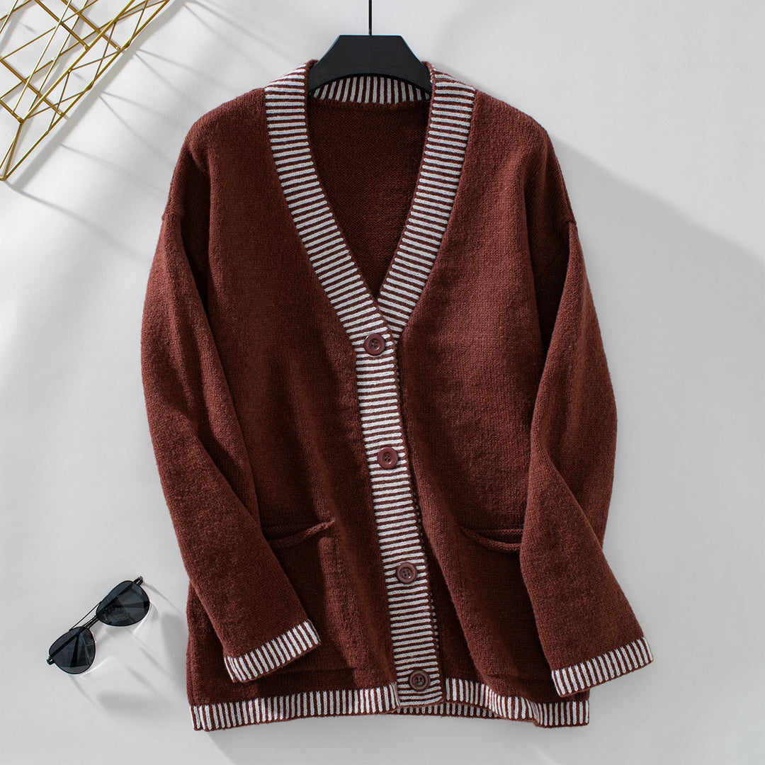 Women's knit jacket with modern stripe accents and Lune London pockets