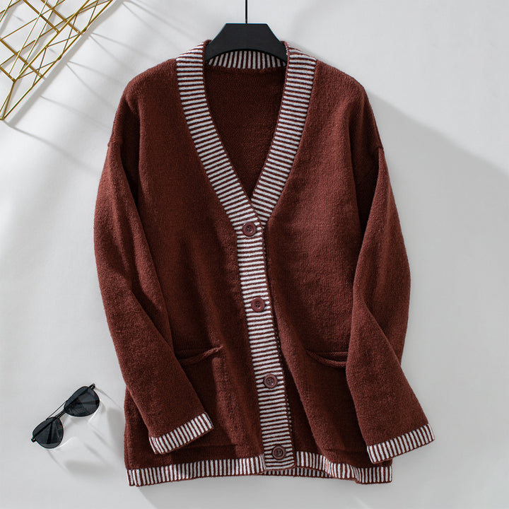 Women's knit jacket with modern stripe accents and Lune London pockets