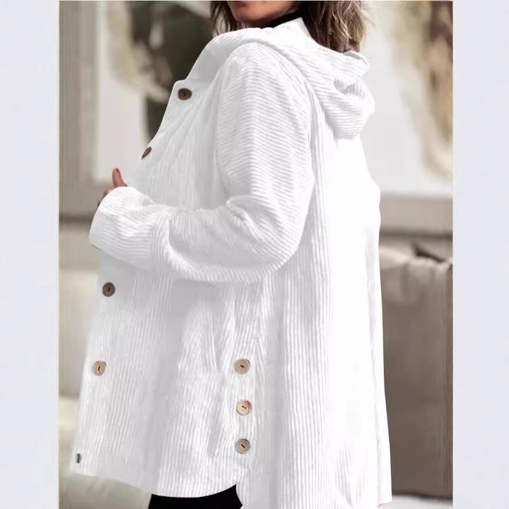 Ladies Fleece-Hoodie-Coat with button placket and ribbed design Lune London