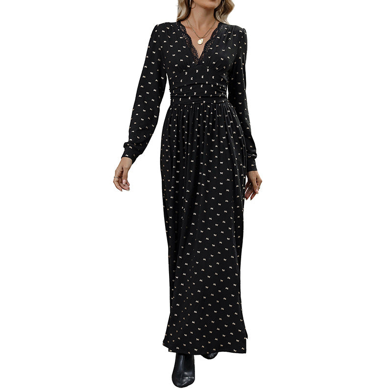 Maxi dress for women with plunging V-neck and playful pattern Lune London