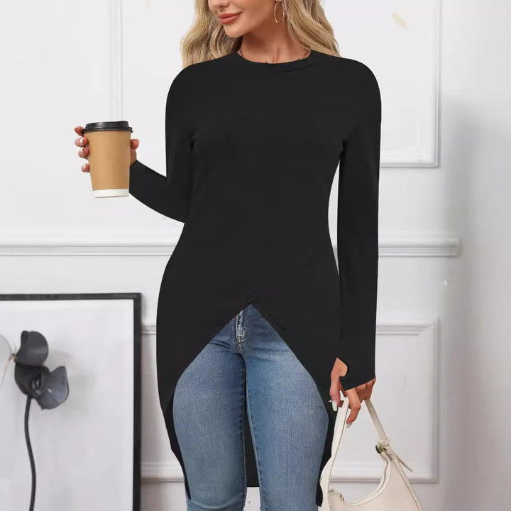Ladies asymmetrical long sleeve top with elegant wrapped design Lune London