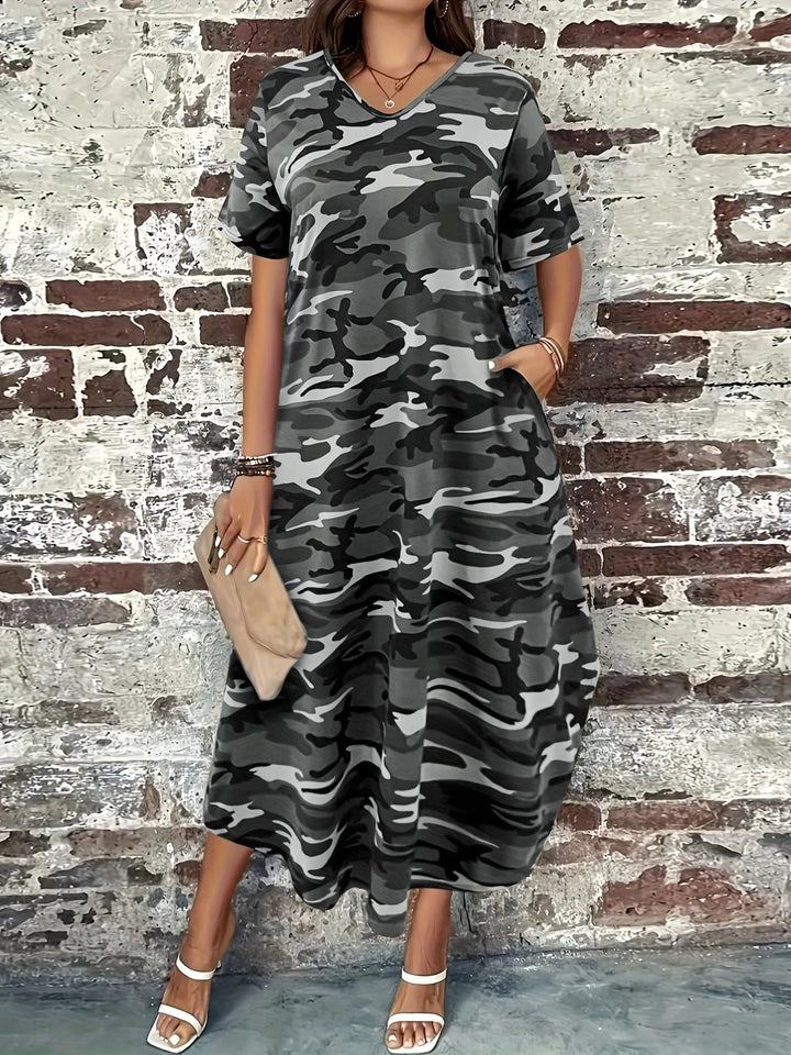 Maxi dress for women with a modern camouflage design and practical pockets Lune London