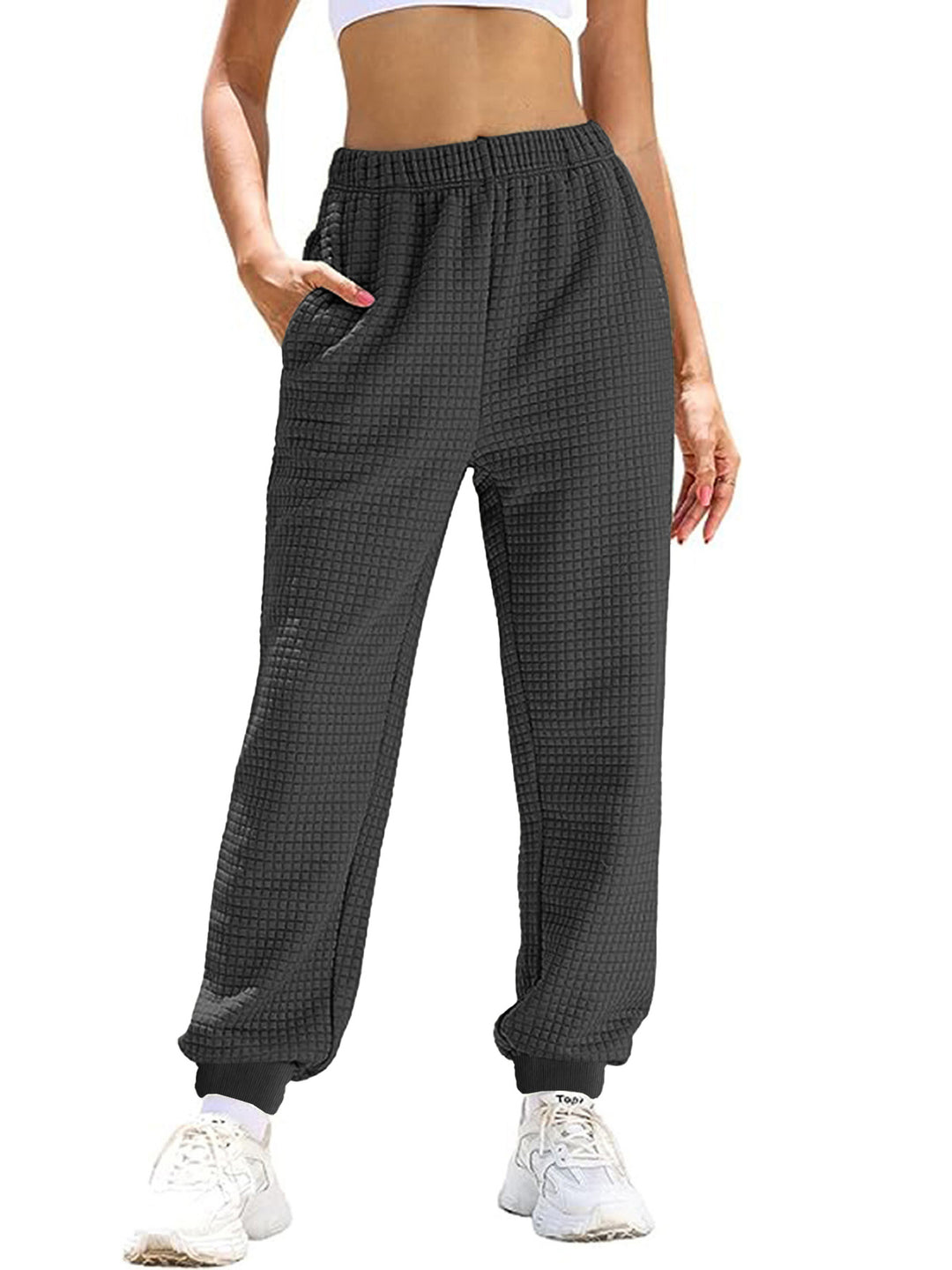 Women Comfortable Waffle Texture Sweatpants with Elastic Waist and Side Pockets Lune London