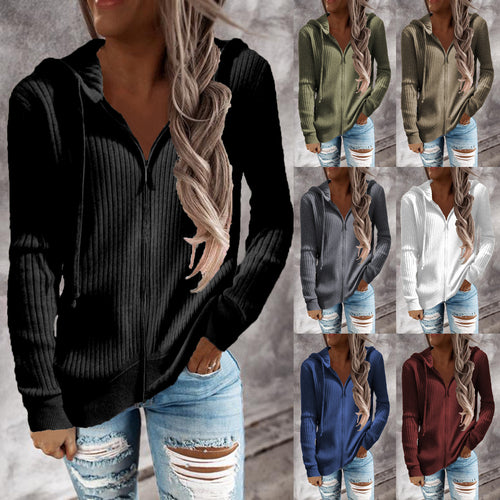 Women's hooded jacket with modern design in ribbed knit with pockets Lune London