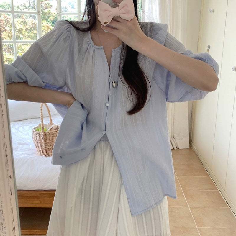 Ladies Relaxed Fit Puff Sleeve Button-Up Shirt Lune London