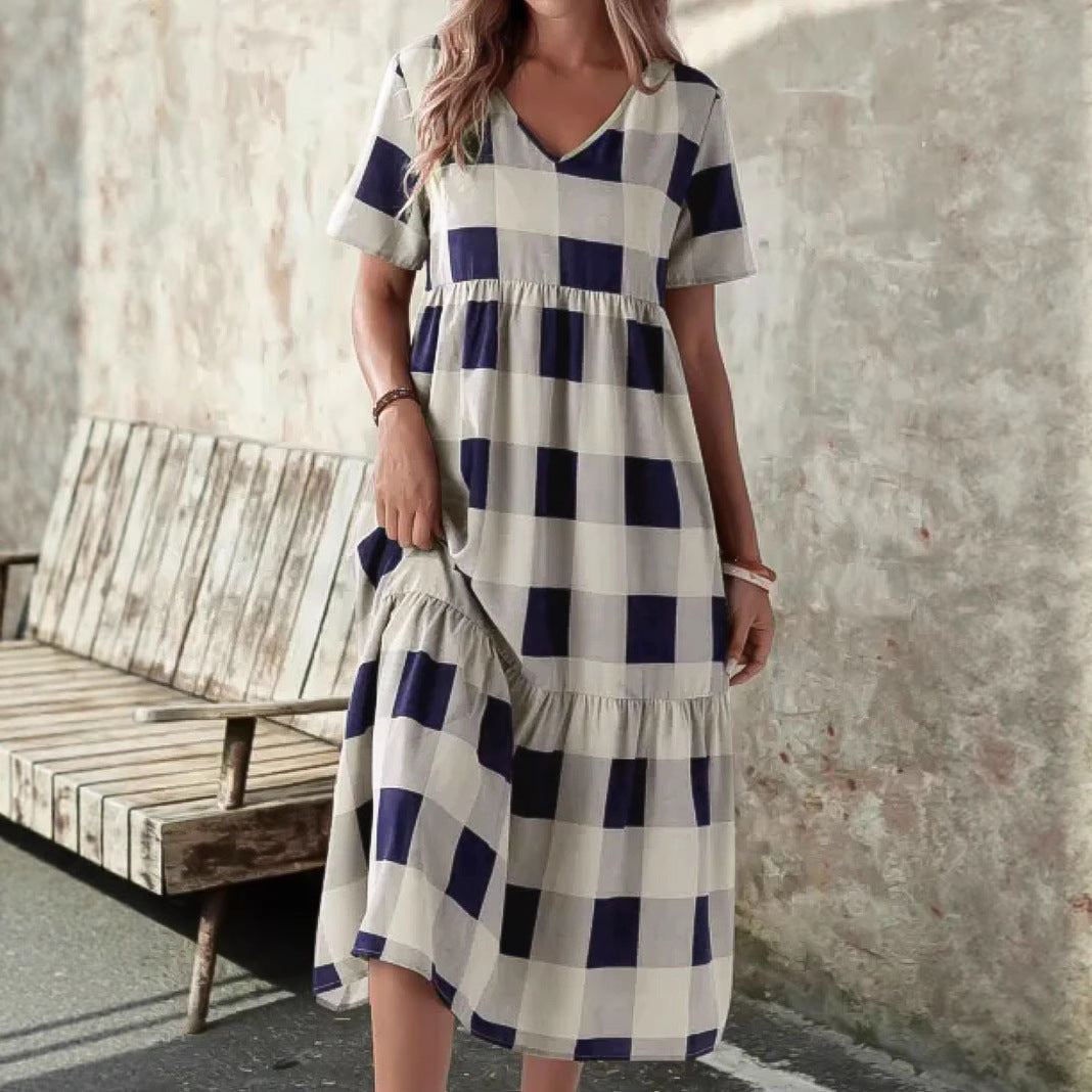 Long plaid patterned long sleeve dress for women with a flowy fit Lune London