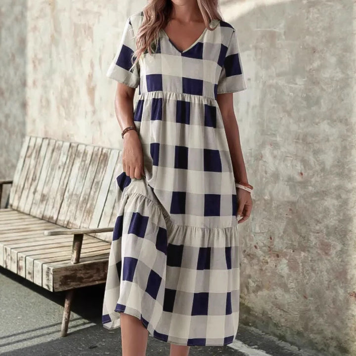 Long plaid patterned long sleeve dress for women with a flowy fit Lune London