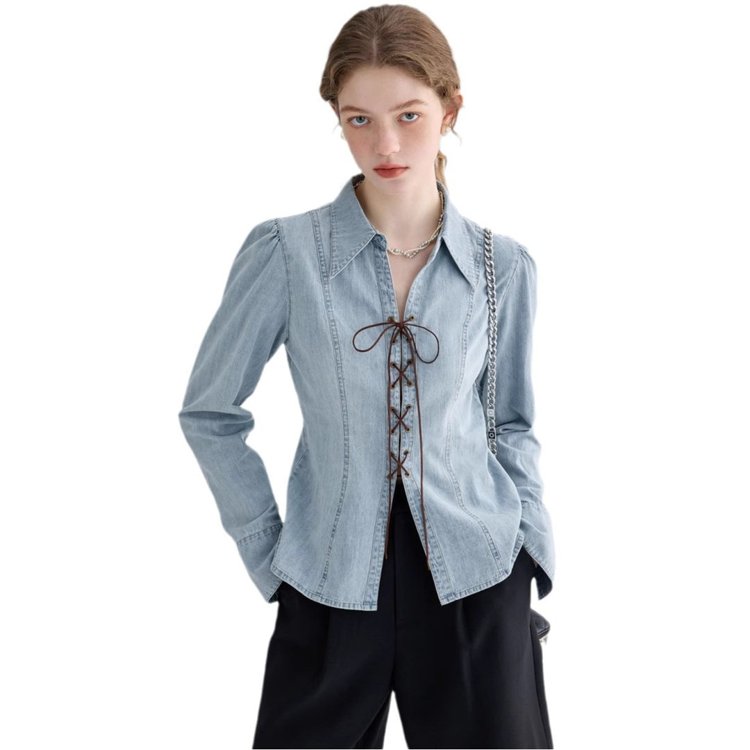 Women's denim blouse with lace neckline and elegant puff sleeves Chic & Stil