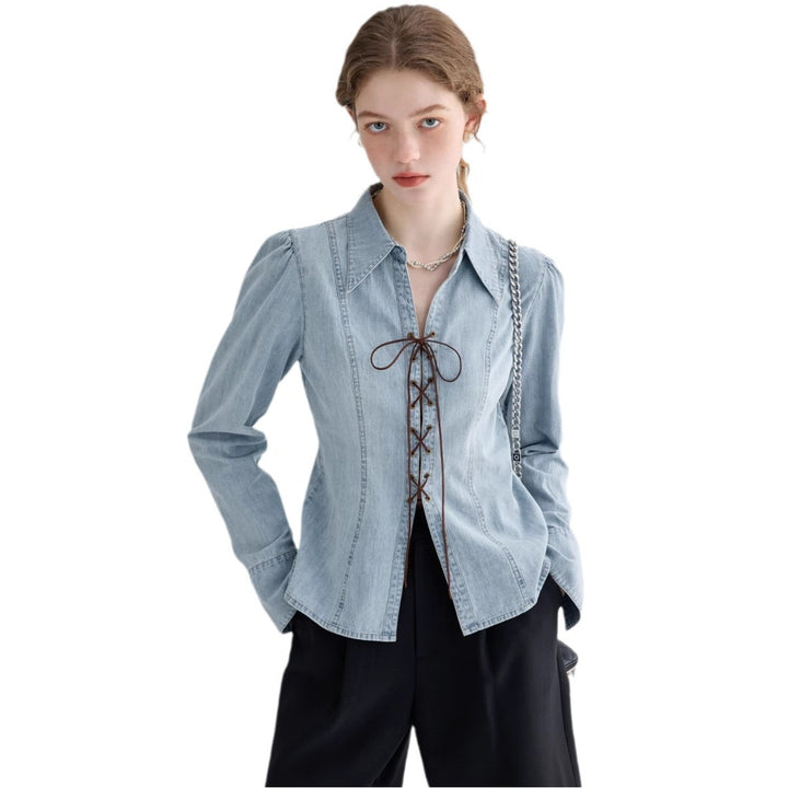 Women's denim blouse with lace neckline and elegant puff sleeves Chic & Stil