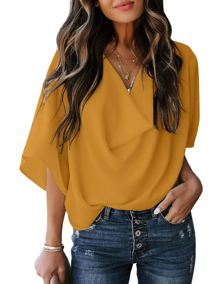 Elegant blouse for women with draped V-neck and loose sleeves Lune London