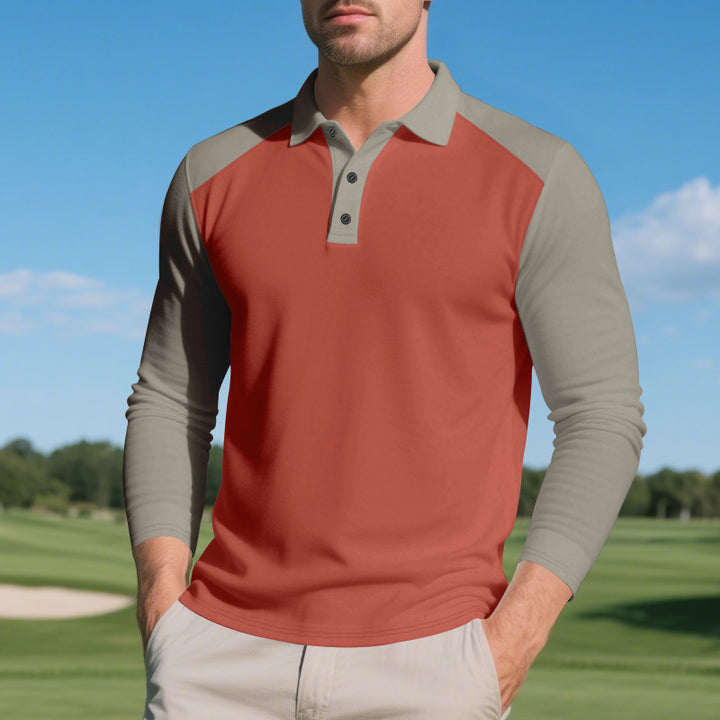 Men's long sleeve polo shirt with contrasting sleeves in breathable cotton blend Lune London