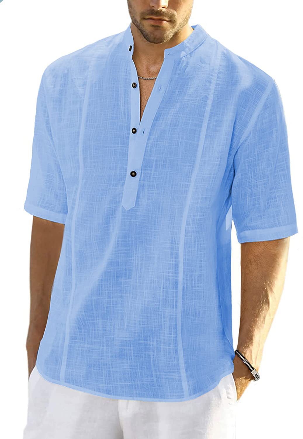 Short Sleeve Linen Shirt for Men with High Collar and Button Placket Chic und Stil