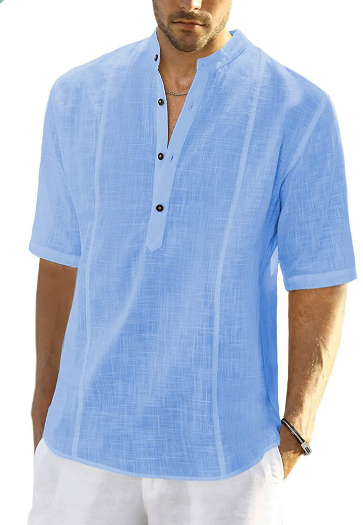 Short Sleeve Linen Shirt for Men with High Collar and Button Placket Chic und Stil