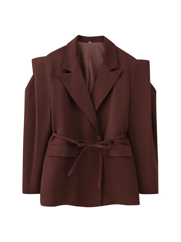 Trendy women's blazer jacket with belt and silk look Lune London