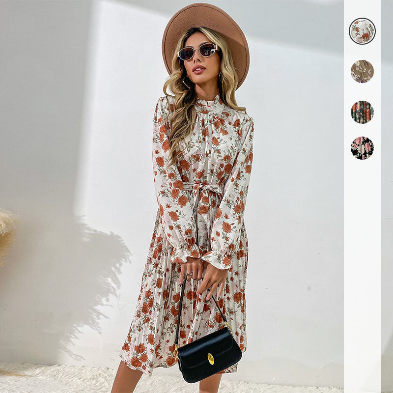 Midi dress for ladies with floral patterns and adjustable belt Lune London