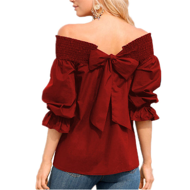 Off-shoulder blouse for women with ruffle sleeves and bow detail Lune London
