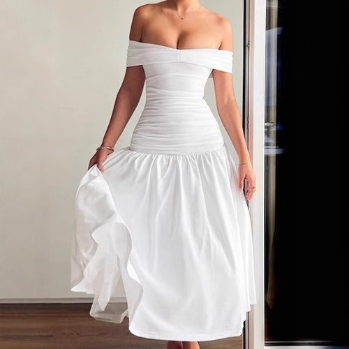 High quality off-shoulder maxi dress for women with a fitted cut and a flowy skirt Lune London