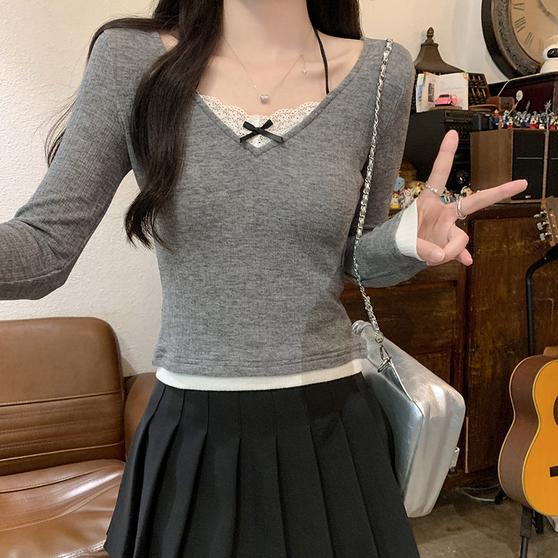 Women's long-sleeve shirt with V-neck and lace accents Lune London