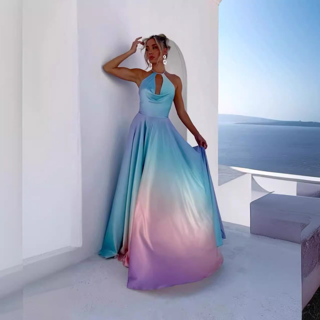 Women's A-line maxi dress with deep keyhole neckline and shimmering fabric